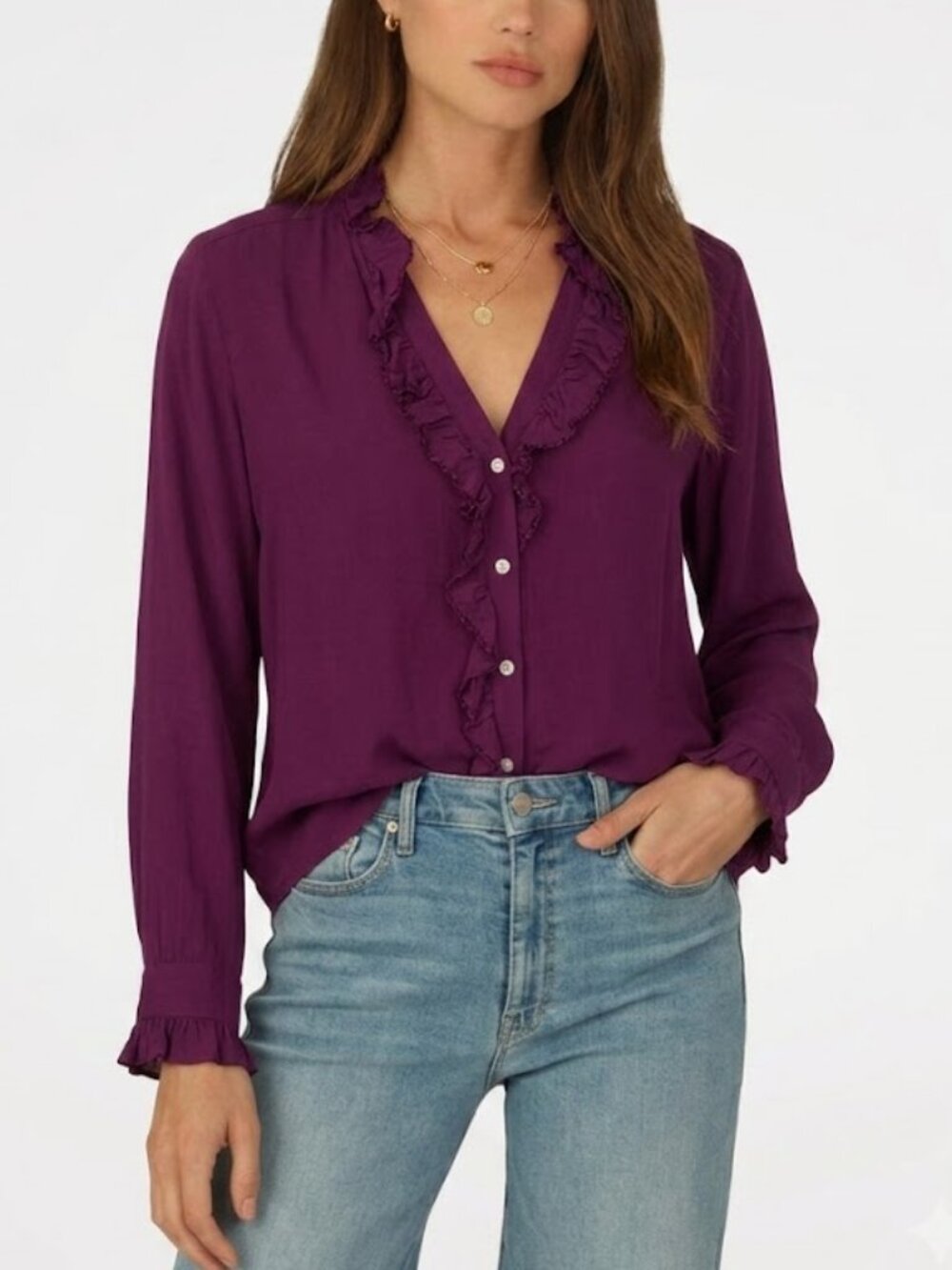 Dylan Ruffle Trim Blouse Plum Purple Long Sleeve Size L